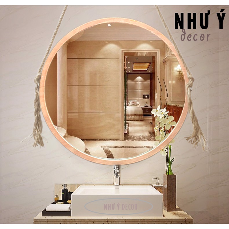 Gương soi nhà tắm tròn viền gỗ treo tường cao cấp D40- Gương tròn decor phòng tắm hoặc phòng ngủ