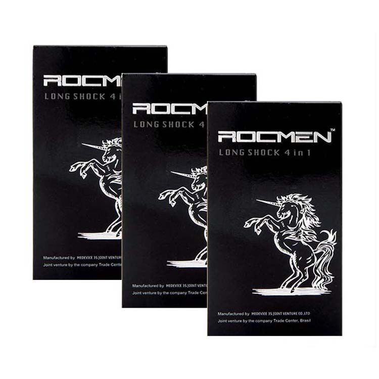 Bao Cao Su💕Freeship💕Rocmen Long Shock 4in1 Kéo Dài Thời Gian Màu Black Có Gân Gai - Hộp 12 cái