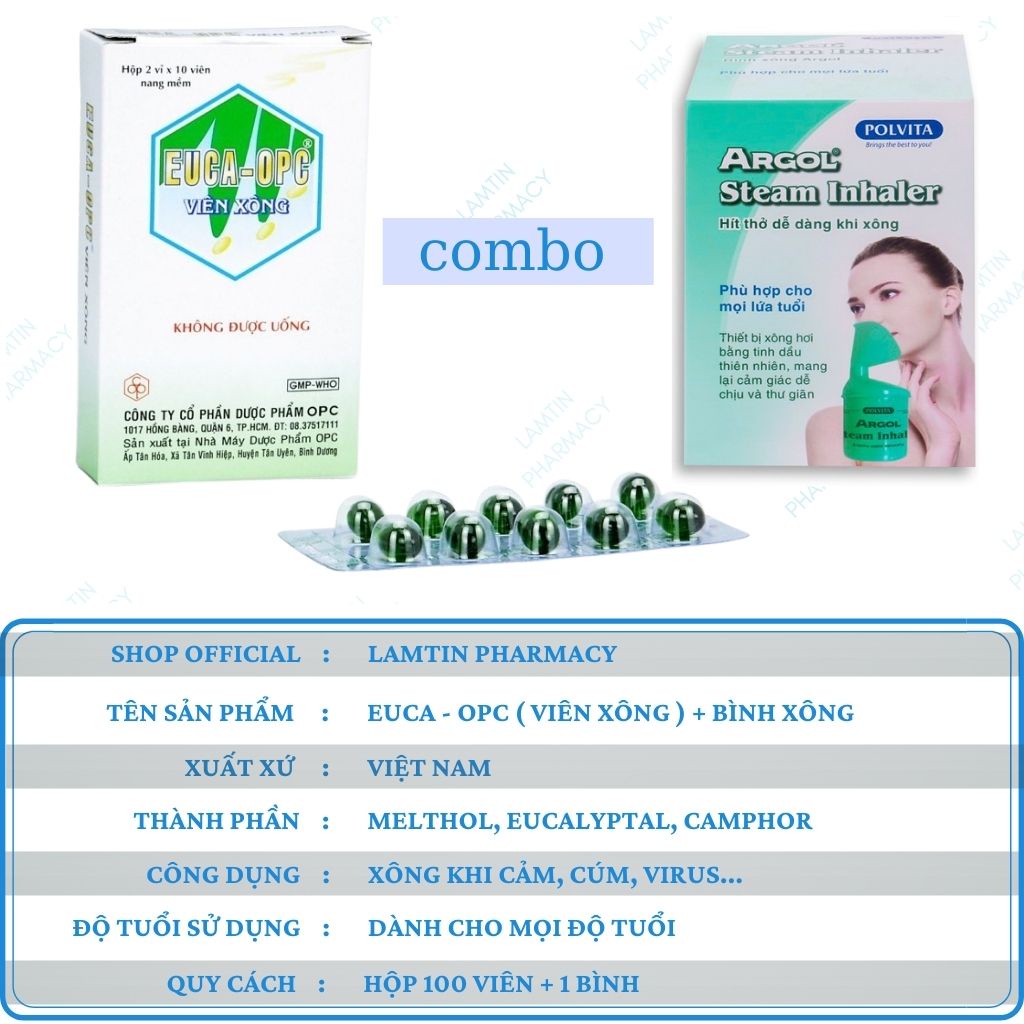 ✅( Combo Chính Hãng ) Viên Xông Euca Opc Hương Tràm Và Bình Xông Mũi Họng, Bình Xông tinh Dầu Argol