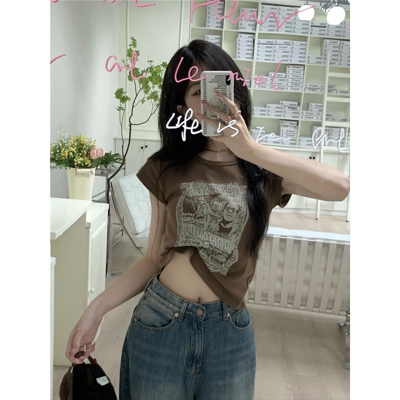 Áo Thun Tay Ngắn Cổ Tròn In Họa Tiết Phong Cách Vintage Mỹ Thời Trang Cho Nữ