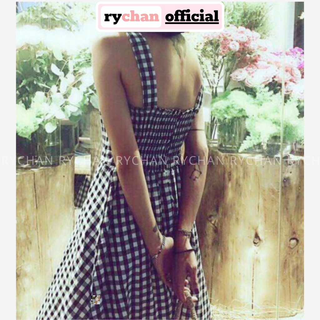 DM877 - Đầm Maxi Kate Hai Dây Caro Xinh Xắn Kèm Hính Thật Đầm Maxi Đi Chơi Du Lịch