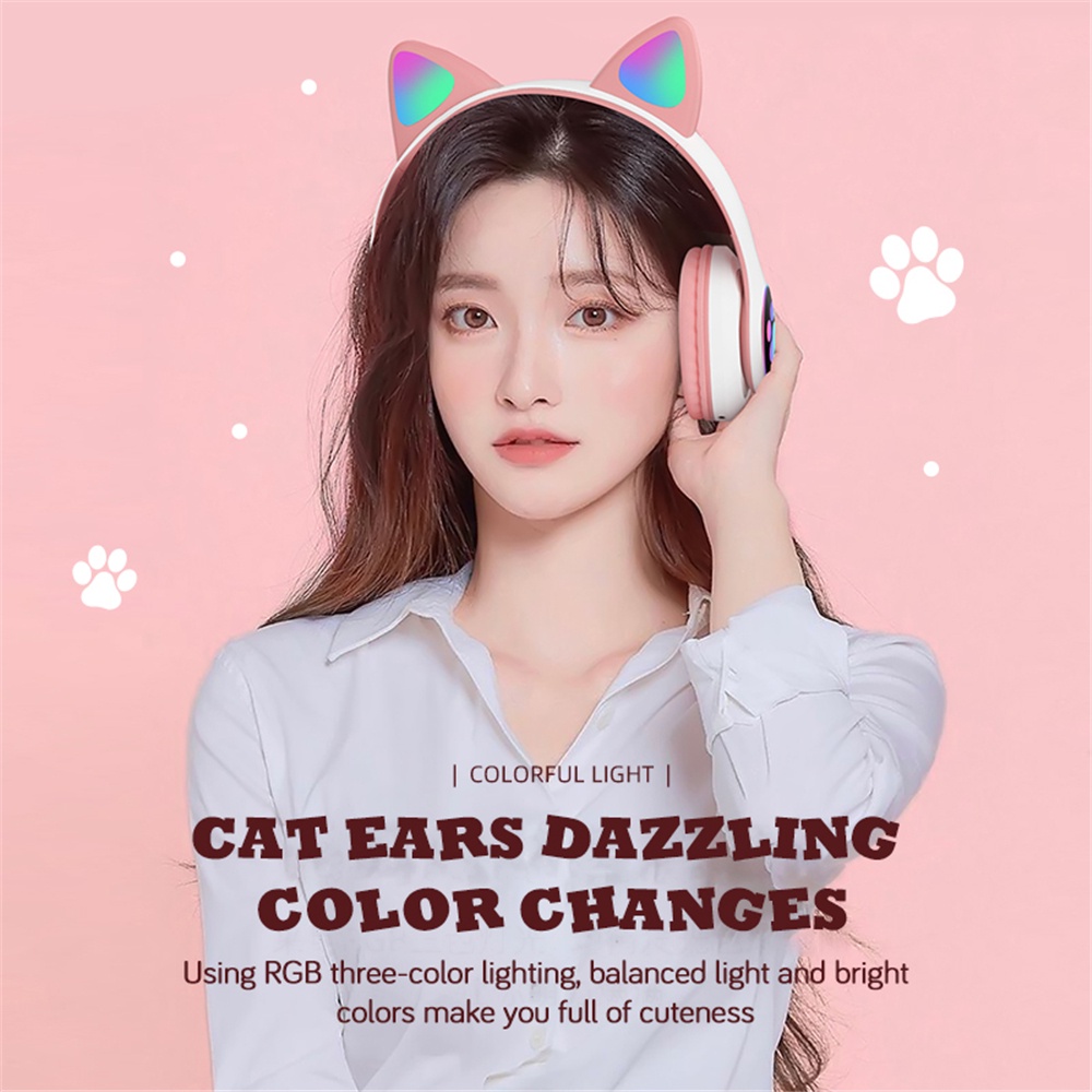 Tai nghe bluetooth không dây hình tai mèo dễ thương có thể điều khiển và mic