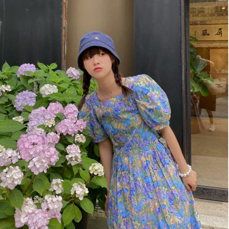 Đầm RENJIANVSHENG tay ngắn cổ vuông phong cách retro thời trang cho nữ