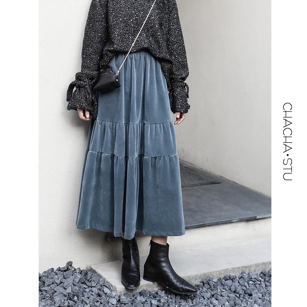 Chân váy chữ A dài trung bình màu đen bằng vải nhung dày thời trang thu đông thích hợp cho nữ