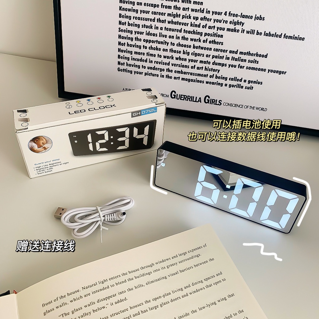Đồng Hồ Điện Tử Mặt Gương, Đo Nhiệt Độ, Hẹn Giờ, Kèm Sạc, Để Bàn Làm Việc