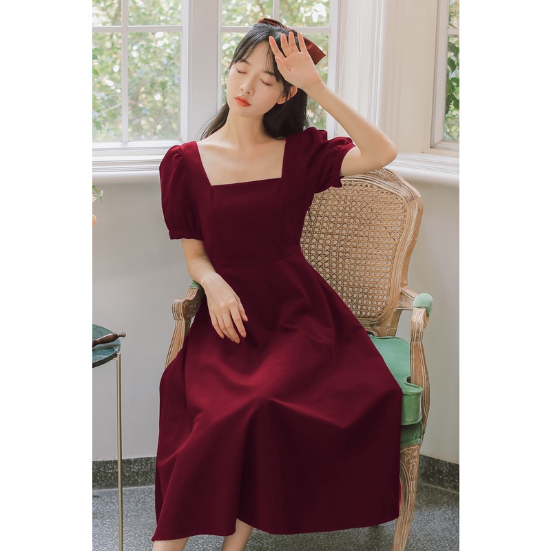 Váy đầm cổ vuông tay ngắn nhiều màu dáng dài phong cách Hàn Quốc