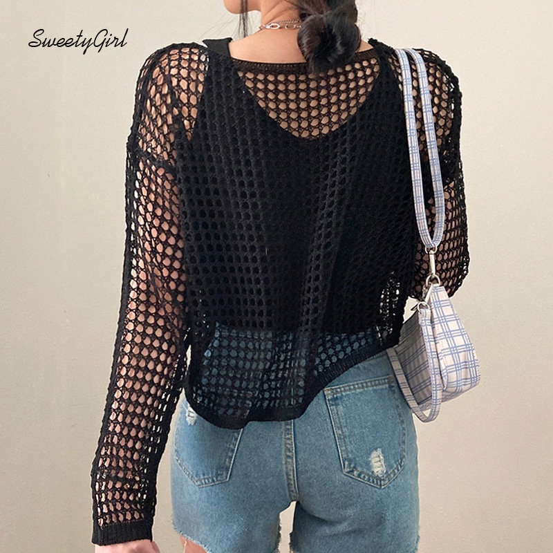 MsMona SweetyGirl Women's 2022 Fashion Solid Color Black Round Neck Long Sleeve Knitted Hollow Out Loose Fit Sexy All Match Casual T-shirt Tops