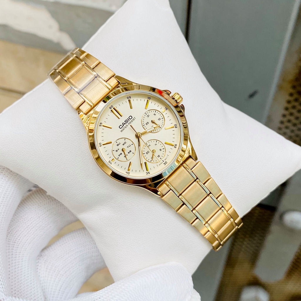Đồng hồ nam nữ - Đồng hồ cặp đẹp mạ vàng Casio V300G-9AV Mặt vàng chống nước Bảo hành 1 năm Hyma watch