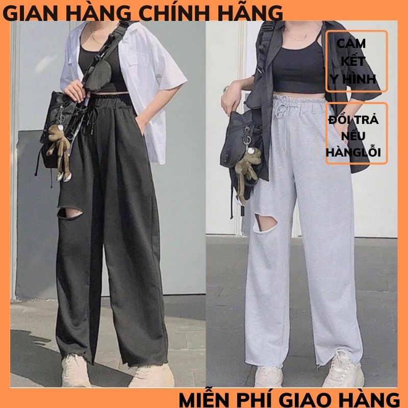 Quần nỉ ống rộng rách gối phải quần nỉ bom UNISEX ,phong cách trẻ trung năng động ,ULZZANG THỜI TRANG 1989