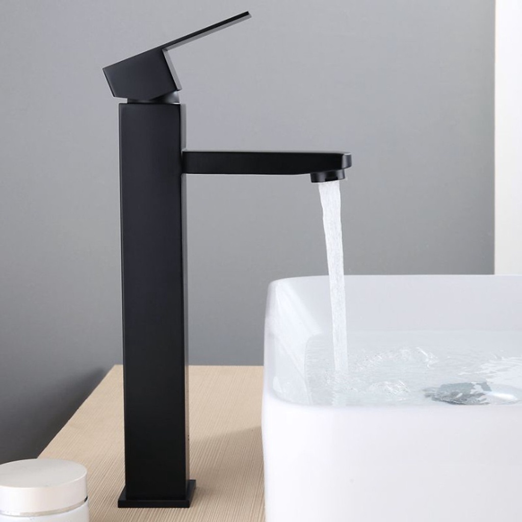 Vòi lavabo nóng lạnh inox 304 trụ vuông 30cm MÀU ĐEN nhờ lớp sơn tĩnh điện cao cấp, sang trọng, lịch lãm