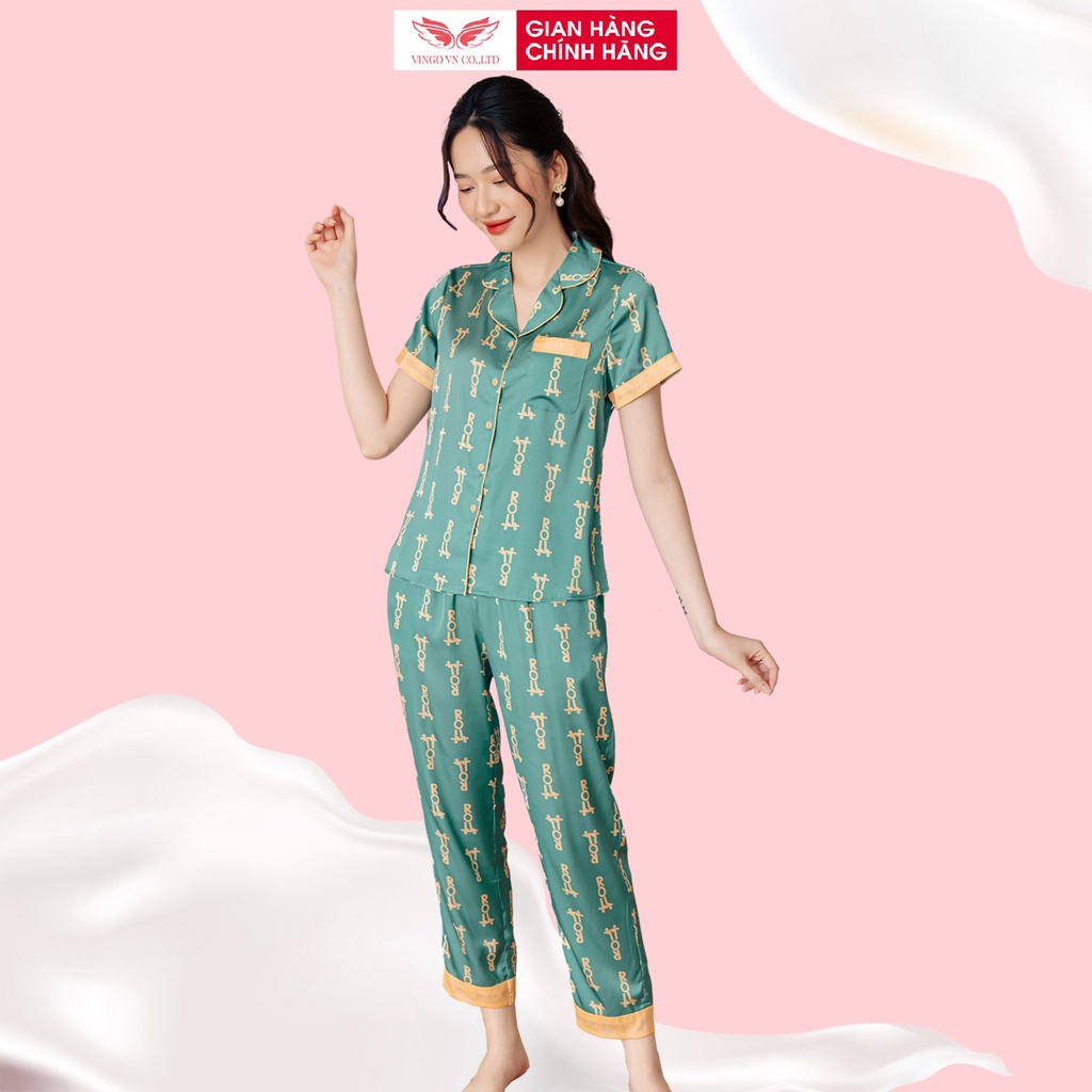 Đồ Bộ Ngủ Nữ Pijama Mặc Nhà VINGO  Lụa Pháp Cao Cấp Tay Ngắn Quần Dài Dáng Xuông Họa Tiết Tinh Tế Thanh Lịch H493 VNGO