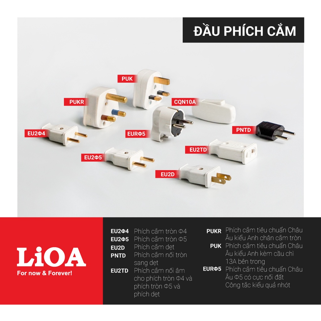 [CHÍNH HÃNG] Phích Cắm Điện LiOA 2 Chân Tròn Ø5 Ø4 Chân Dẹt 3 Chân EU US UK