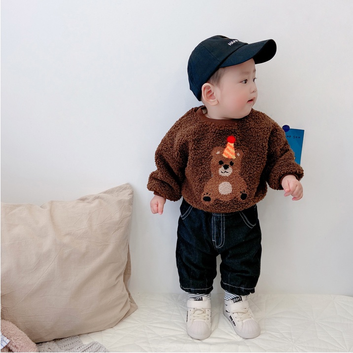 Bộ áo khoác lông cừu + quần dài kiểu hoạt hình đáng yêu cho bé từ 0-2 tuổi