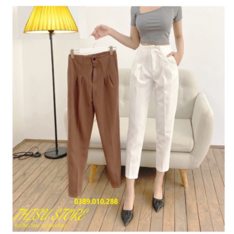 Quần tây công sở cạp liền lưng cao 2 khuy xếp ly màu trắng đen ống đứng dài quần baggy vải công sở cạp cao nữ đi học làm