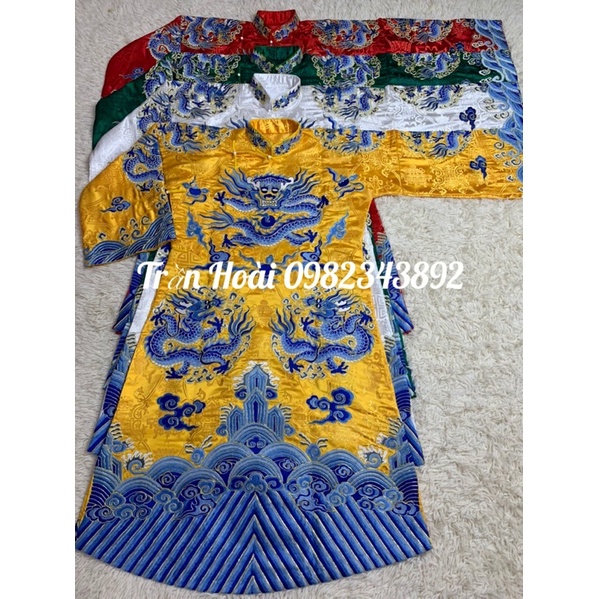 Khăn áo hầu đồng - áo ngũ vị tôn quan thêu chỉ xanh gấm thường