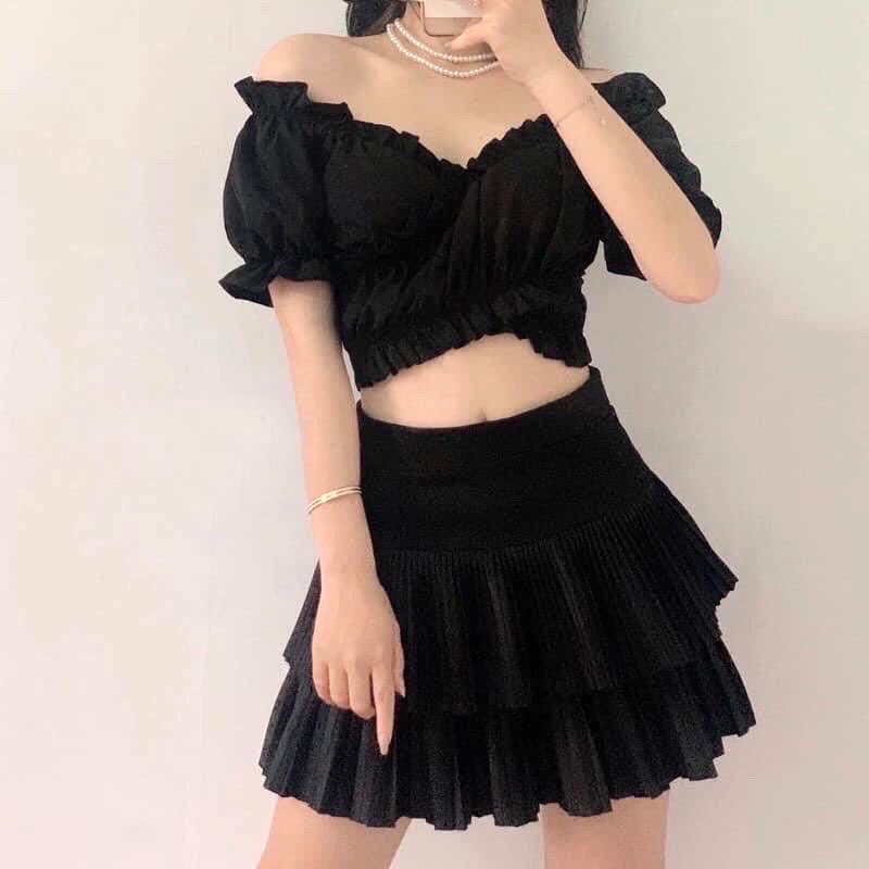 [C452] Áo croptop trễ vai bèo nữ freesize đen trắng cộc tay sexy quyến rũ mặc 2 kiểu hàn quốc wikishop