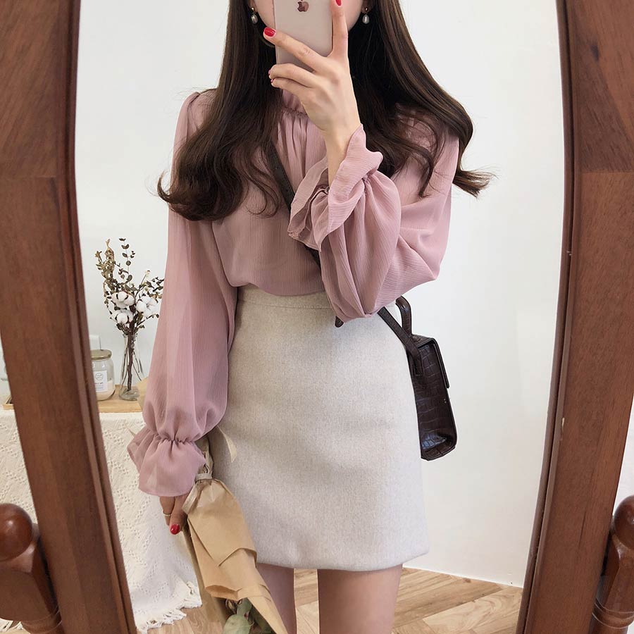 Áo kiểu Peppermint 27188 chiffon tay dài cổ cao thời trang thanh lịch dành cho nữ