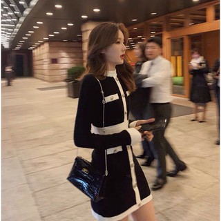 (ORDER) Váy len dệt kim mềm mịn dài tay ôm body cổ cao phối viền trắng sang trọng cao cấp Hàn Quốc