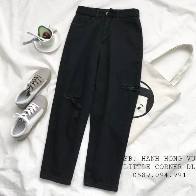 Quần baggy jeans đen rách sườn xẻ ô lưng cao ulzzang kèm ảnh thật