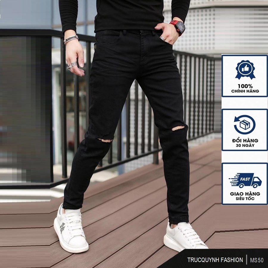 Quần jean nam đen trơn, rách gối chất bò cao cấp Jean co dãn 4 chiều cực đẹp form dáng skinny chuẩn_JEANNCD212