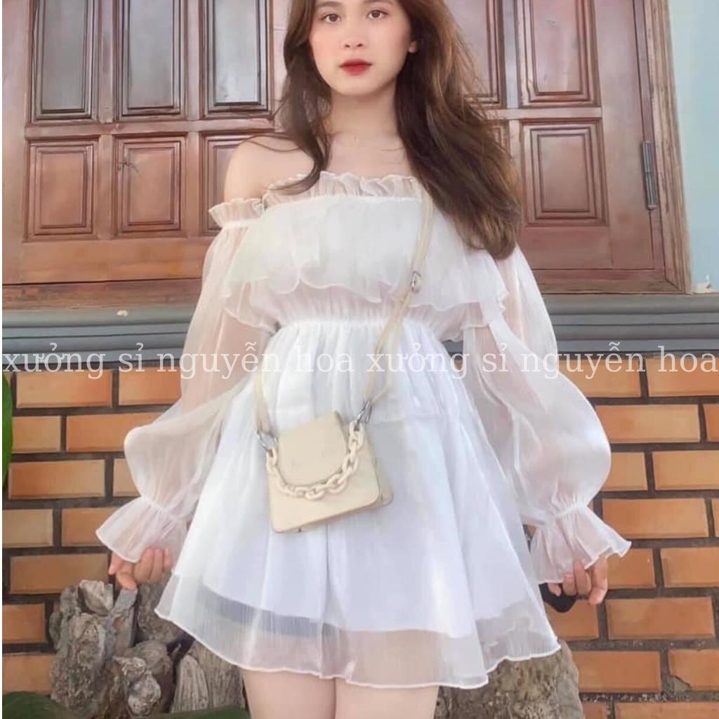 Áo babydoll trễ vai trắng chất voan tơ lụa 2 lớp phong cách tiểu thư dễ thương Xưởng Sỉ Nguyễn Hoa