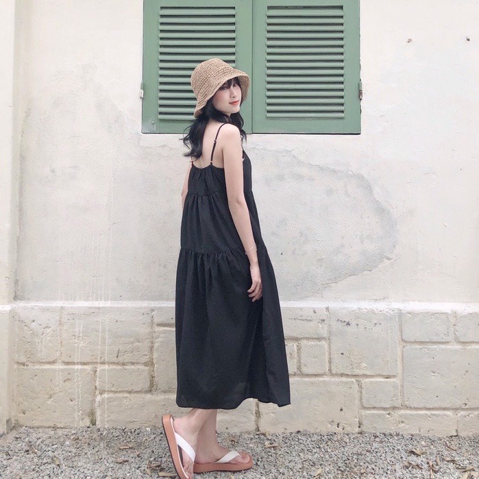 Váy dáng babydoll hai dây xòe ba tầng màu đen dây chỉnh được vanmiushop
