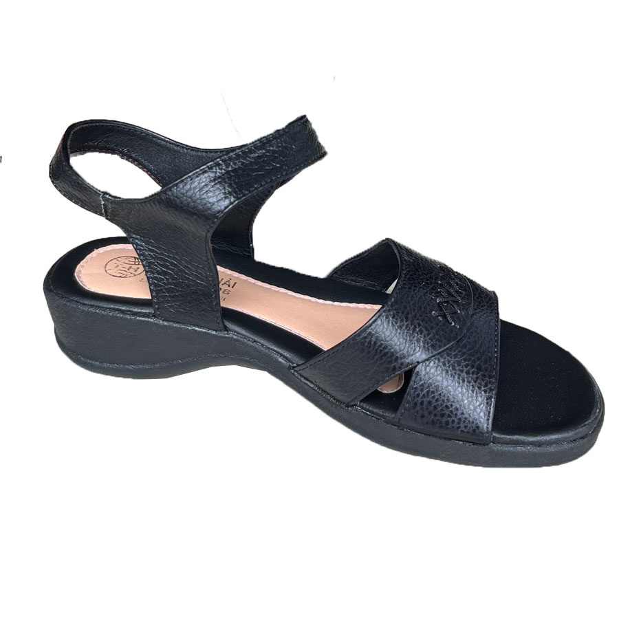Giày sandal nữ đế  bằng da bỏ Trường hải cao 4cm màu den  SD135