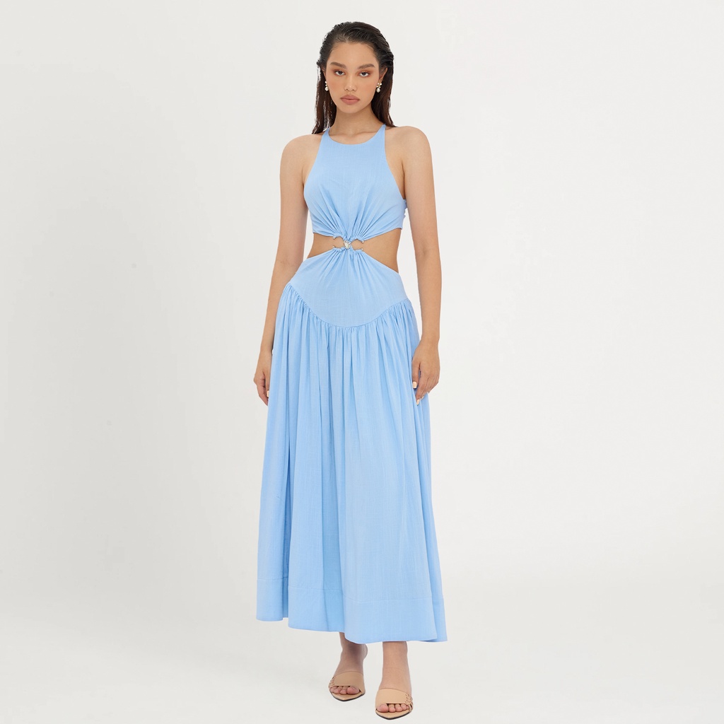 DEAR JOSÉ - Đầm maxi cắt eo Calypso vải linen xanh aqua