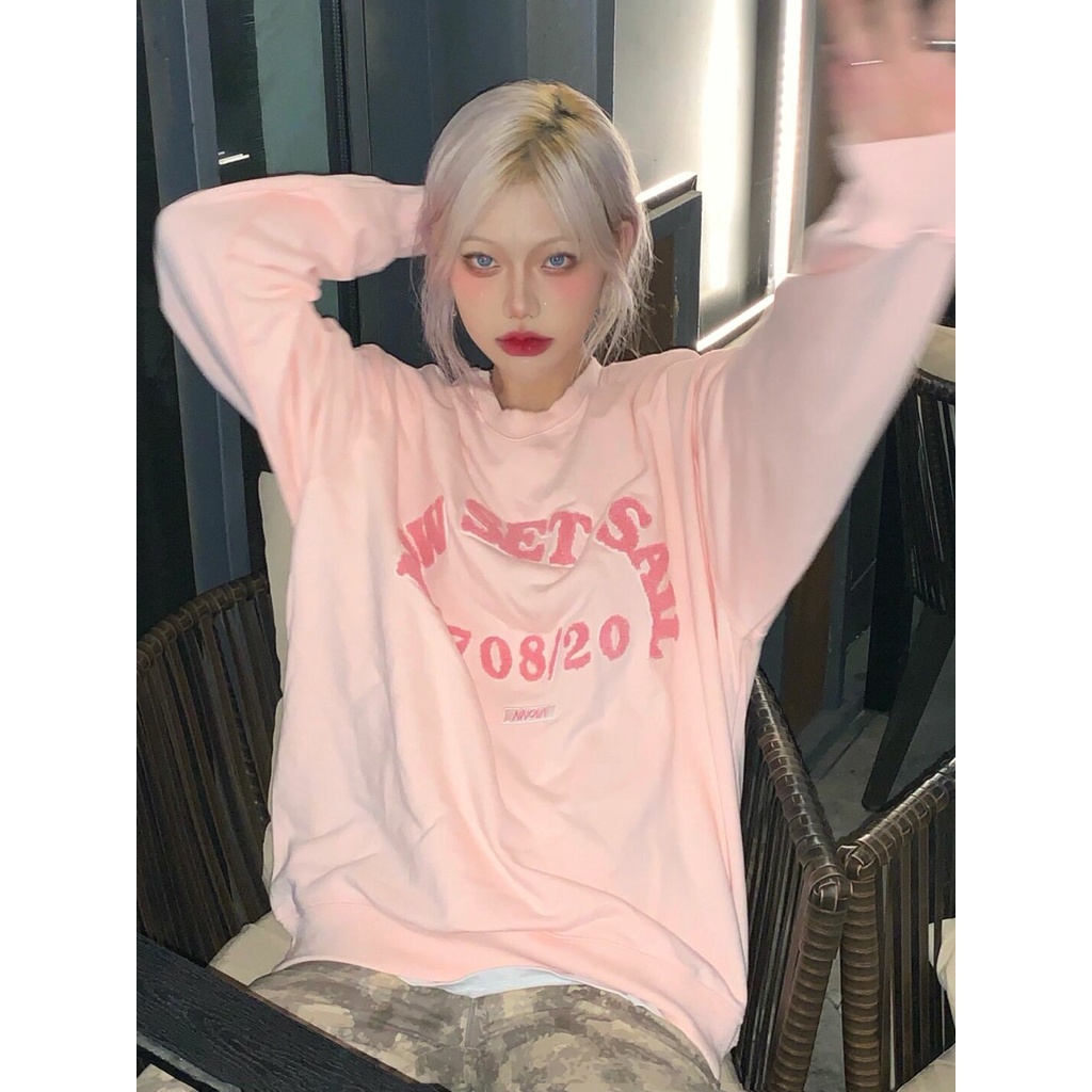 Áo thun nữ tay dài dáng rộng in chữ phong cách Hàn Quốc