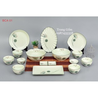 Set bát đĩa men kem hoa Cẩm Tú Cầu gốm sứ Bát Tràng