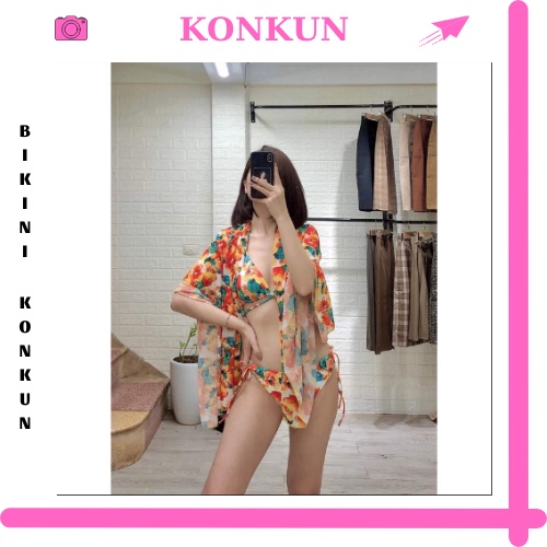 Sét bikini 2 mảnh kèm khăn hoa cam đồ bơi nữ đi biển KONKUN MS112