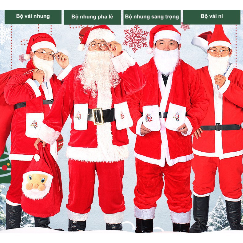 Bộ quần áo Ông Già Noel Người Lớn Vải Nhung kèm ủng, râu, mũ và túi đựng quà tặng Giáng sinh