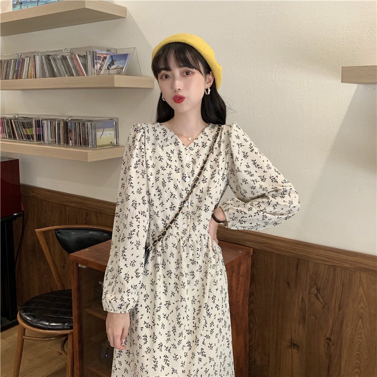 ✨HOT✨ Váy đầm liền midi hoa nhí dáng dài eo chun vải voan 2 lớp cổ V cúc ngực ulzzang Hàn Quốc l1