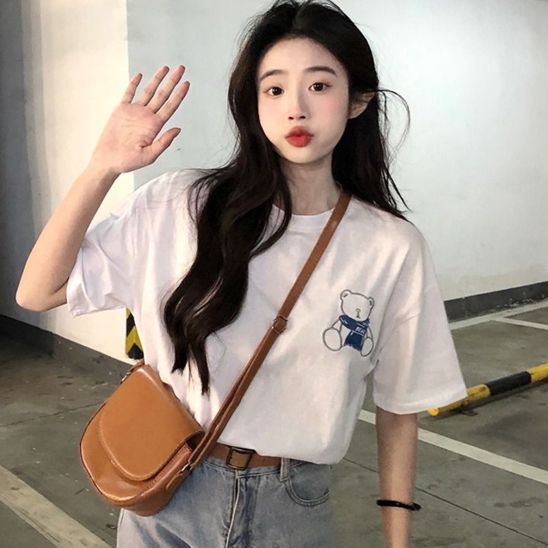 Áo Thun Ngắn Tay Dáng Rộng In Hình Gấu Thời Trang Hàn Quốc Cá Tính