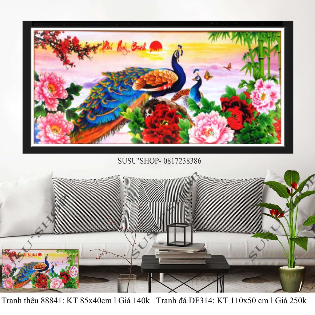 Tranh thêu chữ thập ( giá sỉ) chim công - Phú quý bình an 88841 (85 x 40 cm), Tranh đá DF314 (110x50cm)