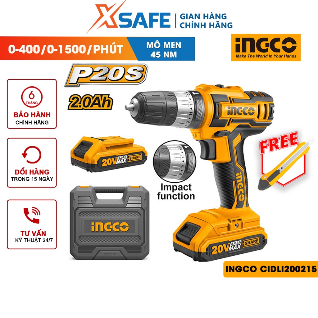 Máy khoan bê tông dùng pin 20V INGCO CIDLI200215 nhông hai tốc độ 400-1500v/p, lực đập 22500v/p, có đèn làm việc