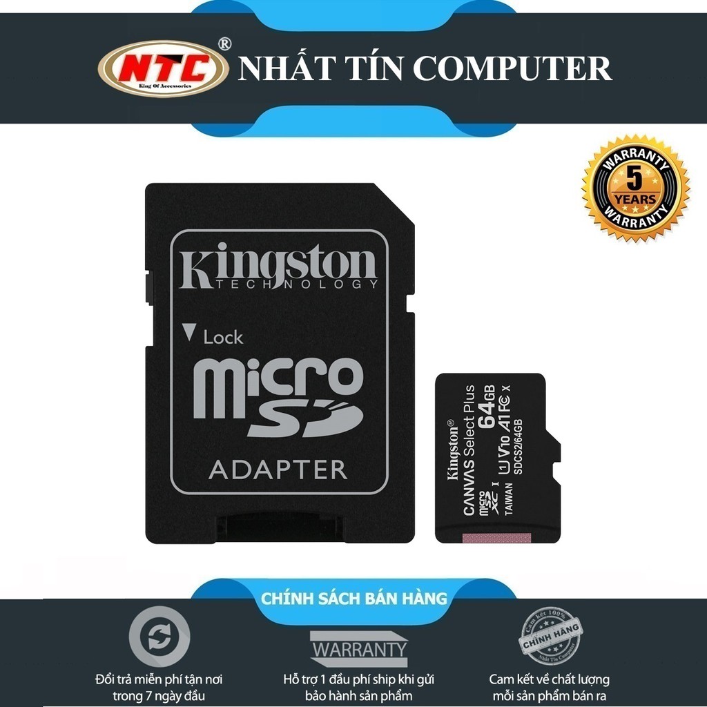 Thẻ nhớ microSDXC Kingston Canvas Select Plus 64GB U1 V10 A1 100MB/s - Kèm Adapter (Đen)