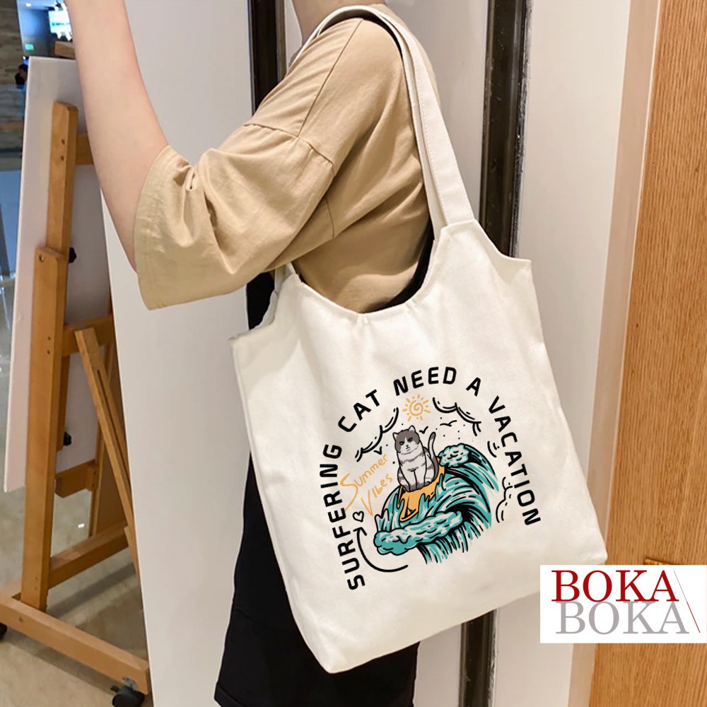 Túi Tote Vải Canvas In Hình Summer Cat Phong Cách Ulzzang (Có Khóa Kéo)