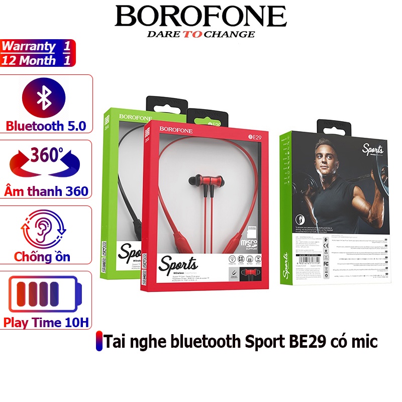 Tai nghe nhét tai bluetooth BOROFONE BE29 Sport chống ồn không dây, nghe nhạc đàm thoại 10 tiếng - Chính hãng