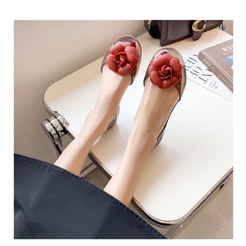 Giày bệt nhựa dẻo thơm trong đính hoa trà hở mũi Soervimy (Chọn lùi 1 size nếu bàn chân mỏng) sẵn 1 số màu và size | BigBuy360 - bigbuy360.vn