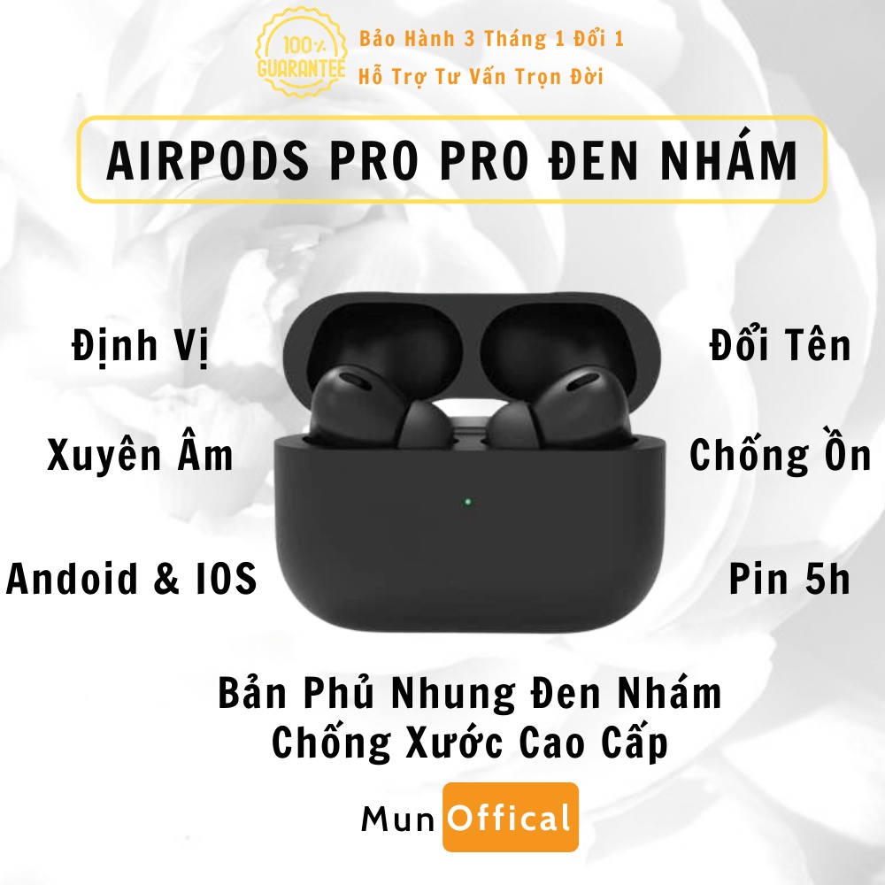 Tai Nghe Bluetooth TWS PRO Đen Nhám Chống Ồn Sạc Không Dây  Định Vị Đổi Tên Tháo Tai Dừng Nhạc