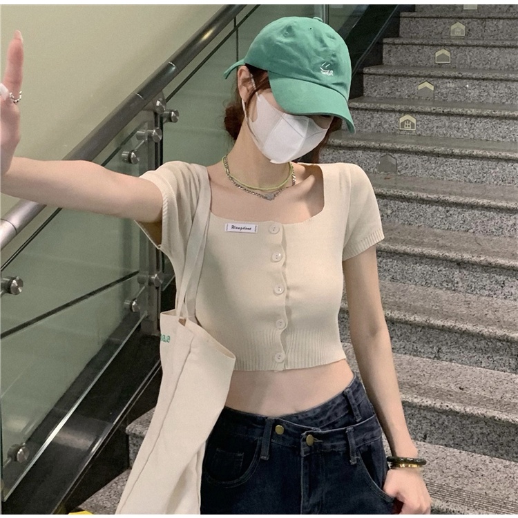 Xiaozhainv Áo sweater Croptop Cổ Vuông Kiểu Hàn Quốc Thiết Kế Quyến Rũ Cho Nữ
