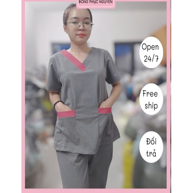 Đồng phục spa màu xám viền hồng phấn