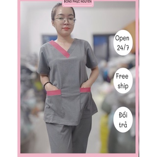 Đồng phục spa màu xám viền hồng phấn