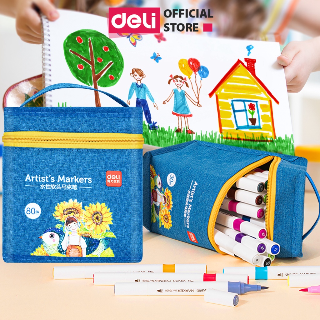 [Tặng tranh tô màu TẾT ] Bút màu marker 2 đầu túi vải bò Deli - mực có thể rửa được - có đầu brush và vát - 30/40/60 mà