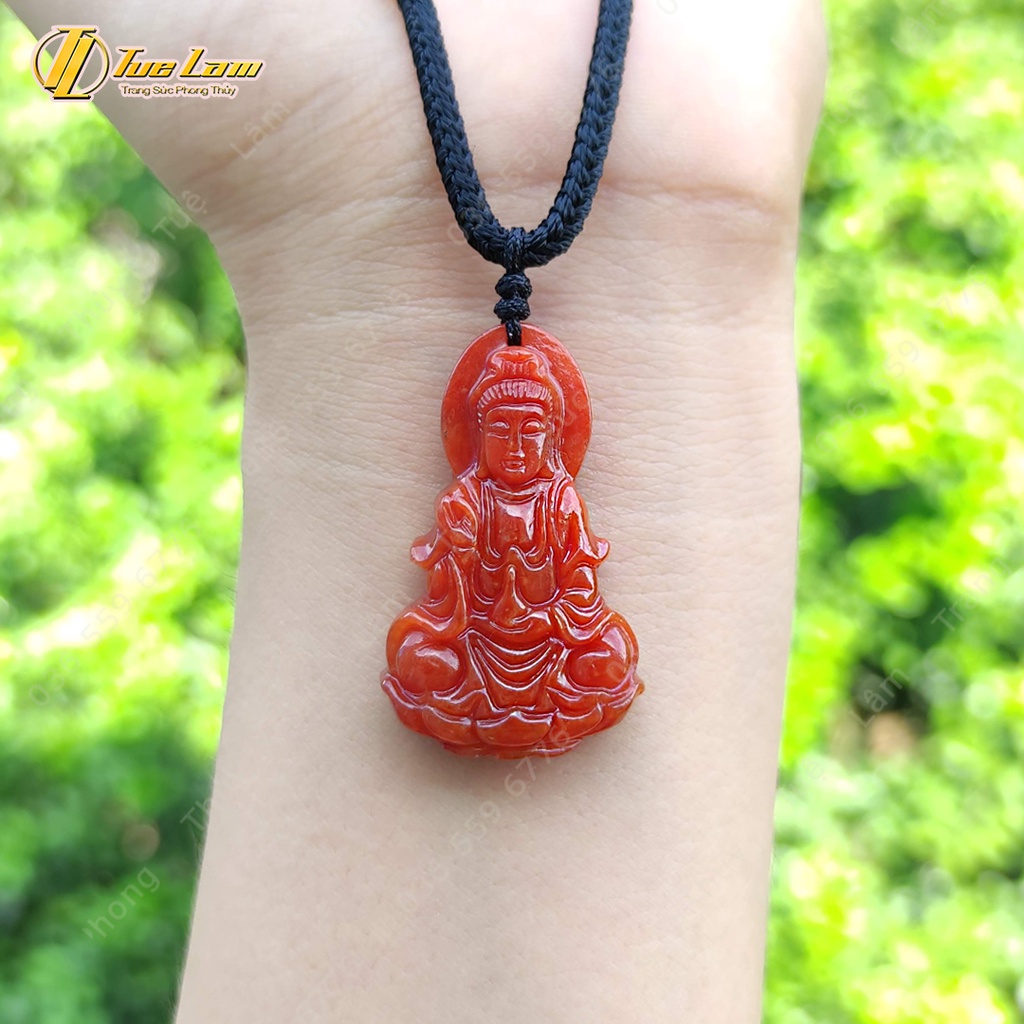 Dây chuyền nữ phật bà quan âm ngoc huyết jadeit  A đỏ cam bình an hợp mệnh hỏa mệnh thổ - Tuệ Lâm