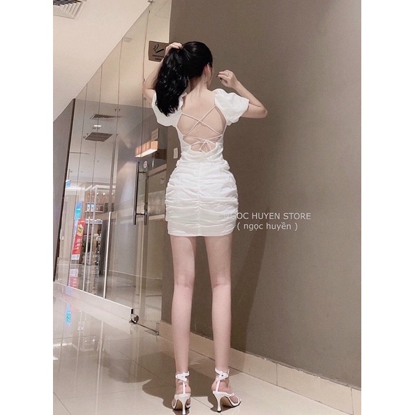 Đầm cổ vuông đan dây sau lưng