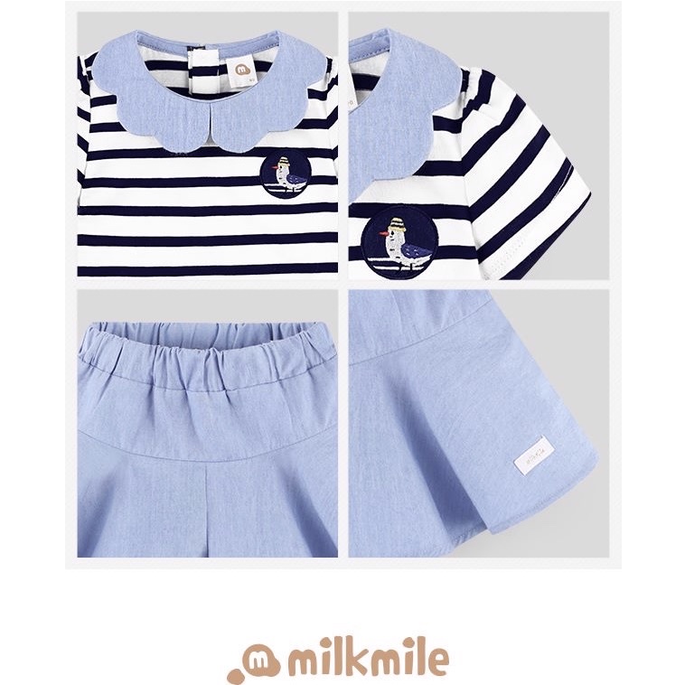Bộ hè bé gái milk mile áo kẻ quần váy jean