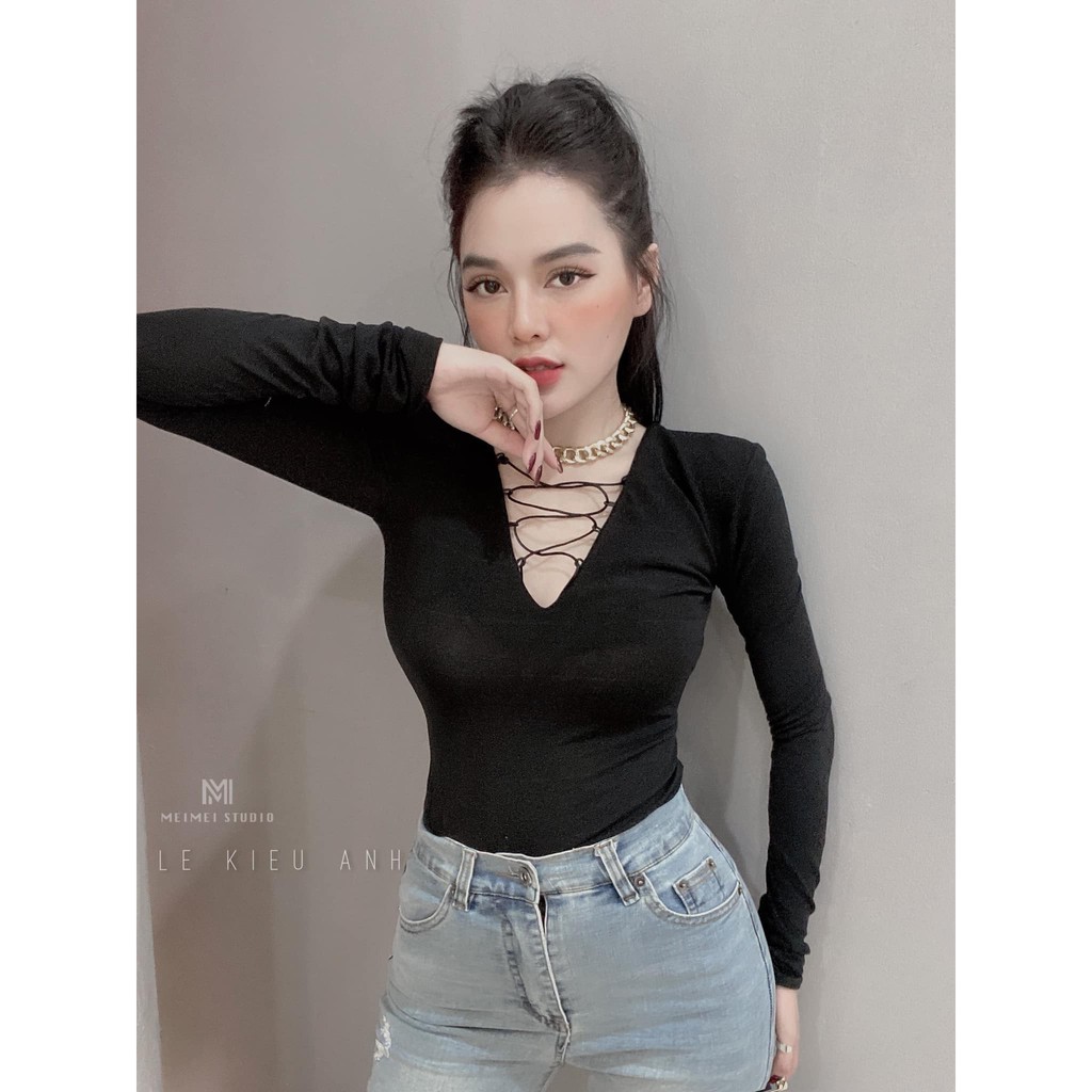 Áo thun nữ dài tay ôm body đan dây ngực gợi cảm