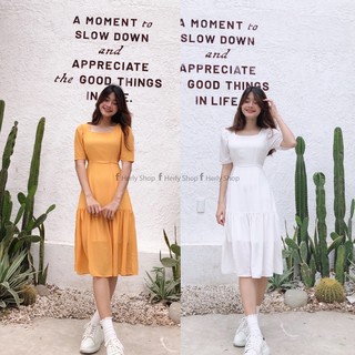 Đầm midi cổ u xếp tầng
